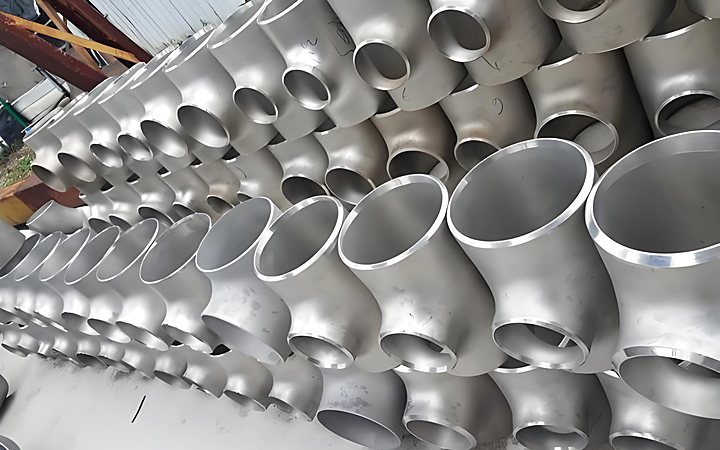 Nickel alloy elbows stacked on a storage rack
