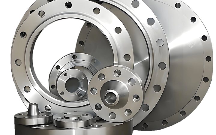 Stack of forged nickel alloy flanges awaiting dimensional inspection